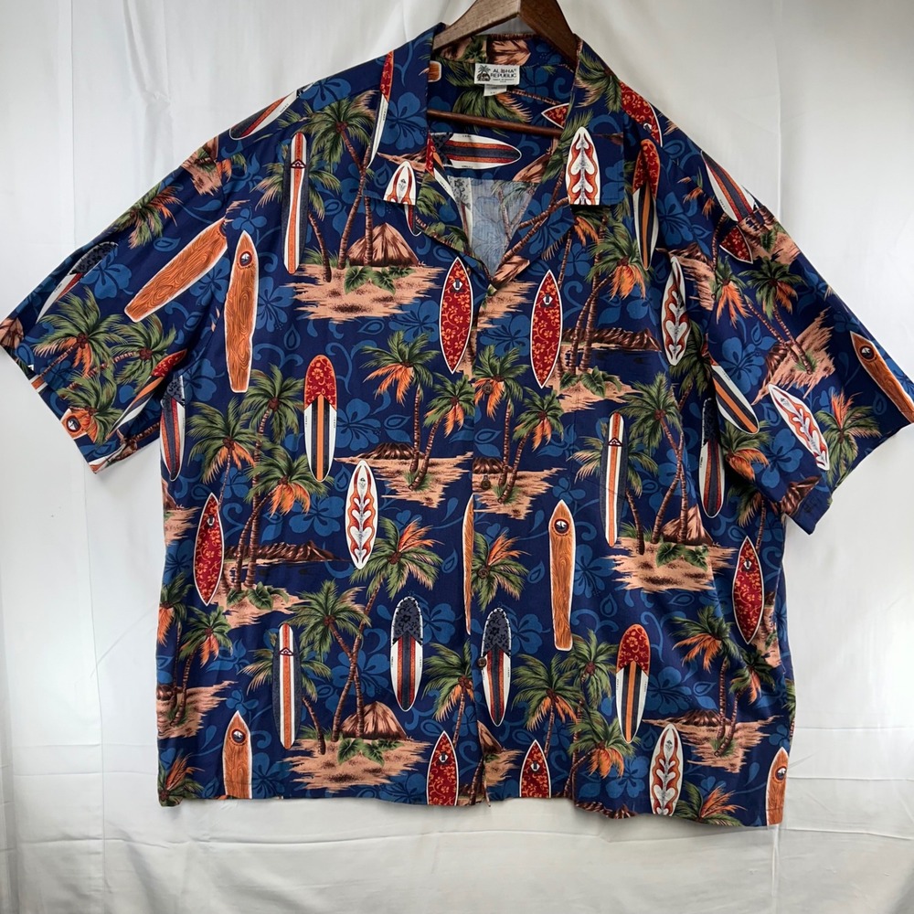 Aloha Republic Hawaiian Shirt Mens 5XL Navy Blue Tropical Surfboard Cotton